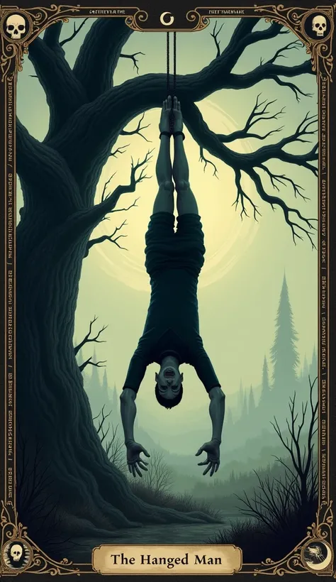 {
  "size": "1024x1024",
  "prompt": "A haunting interpretation of The Hanged Man tarot card, filled with symbols of death, surrender, and transformation. The central figure is depicted hanging upside down by one foot from a twisted, ancient tree with bran...