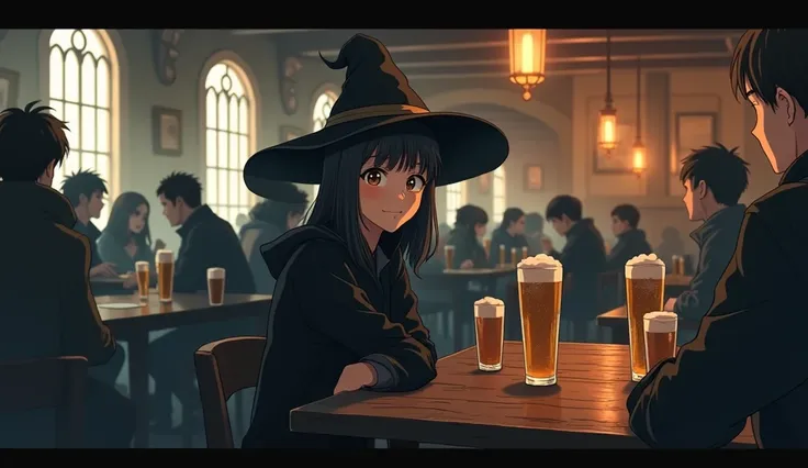 8k、High school girl、 mature、smile、 seems to be having fun、Black Robe、Three-cornered hat、 Medieval Europe、 alien world、Rag bar、Many customers、indoor、Wooden table、Beer 、dim light、night、Anime 2D Style、Lo-Fi、LoFi、アニメ調Illustration、Illustration