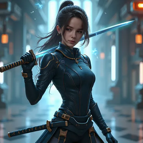 A fierce warrior while retaining her youthful features. She wears a sleek, futuristic black semi-samurai suit that offers her agility and protection, adorned with minimalist armor that enhances her movement and speed. The suit is designed from high-tech ma...