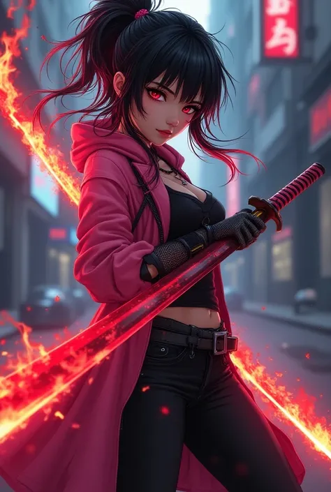 anime woman,      Anime style,         dark hair  with red highlights     , sharp eyes,     fingerless gloves    , gorgeous,  blonde, sharp eyes,       scar on face     ,      cyberpunk sneakers        , long pink jacket            ,        messy hair,  ur...