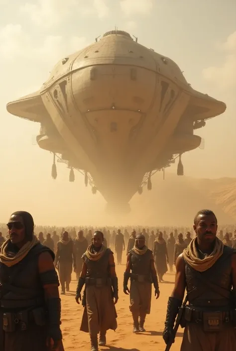 Epic . realistic visual style of the film Dune .  Mothership landed in the desert .  Thousands of people around receiving the lords of heaven,.  Those who descend from the .Nave,  wearing ornate tunics and futuristic scarves .  Also descended are soldiers ...