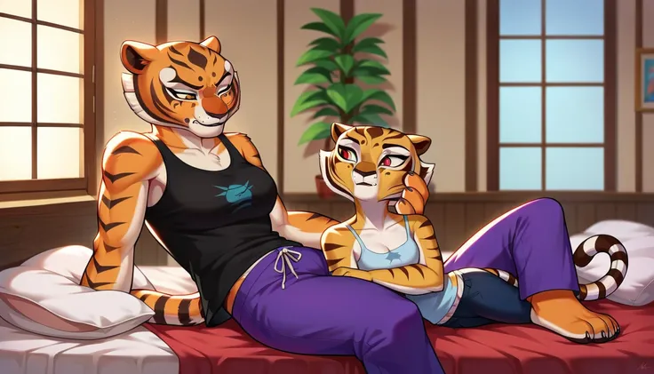 (Caucasian ethnicity) masterpiece , 4k,  lyrics, Tigress and Mother (kung fu panda) 2 women, Purple Pants,  loose pants , plain pants, black blouse,  bare shoulders , At home,  mother faints in bed on her back,  smelling the clothes of Tigress 