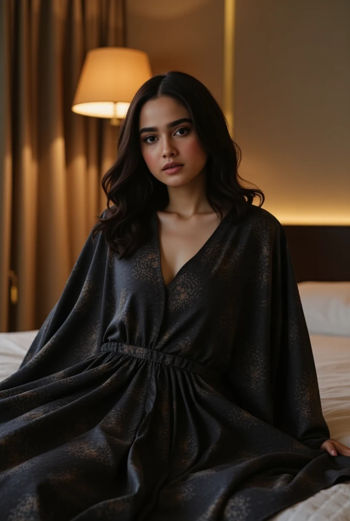 a woman wearing black silk oversize short dress with batic patern in the cozy bedroom