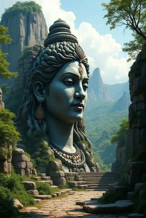 there is a large stone statue in the middle of a forest, lord Shiva  Maa parvati  colorfull  amazing splashscreen artwork,  imax close-up of face, ruined temple large rock hill  