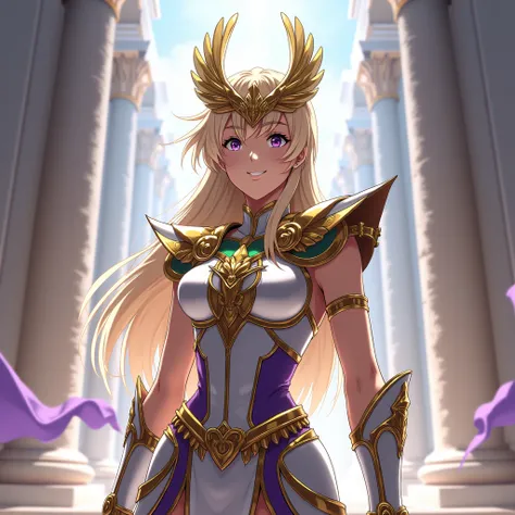 **Name:** Yuna a woman 
**Age:**   
**Appearance:** thin,  with long hair and fringe .  The hair is beige and its eyes are purple .
**Armor:**
- **type:** Armor de Bronze da Águia.
- **Cor:**  Silver with purple and green details
-  **details:**  The armor...