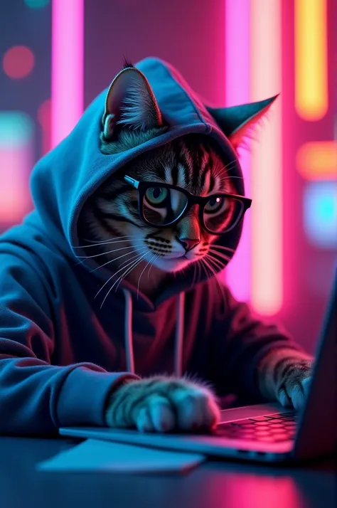 digital image in neon style, business cat with glasses and laptop, in clothes hoodie, bright colors, volumetric lighting, award-winning photography, high detail, digital rendering, high definition

