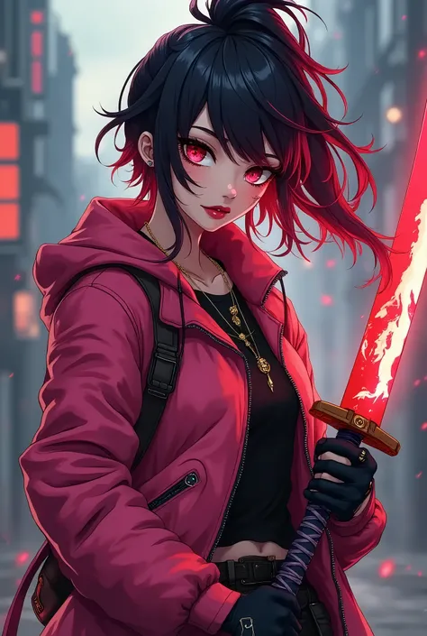 anime woman,       Anime style,         dark hair with red lights , ultra detailed hair,   , sharp eyes,      fingerless gloves     , beautiful,  blonde, sharp eyes,         scar on face      ,       cyberpunk sneakers         , long pink jacket           ...