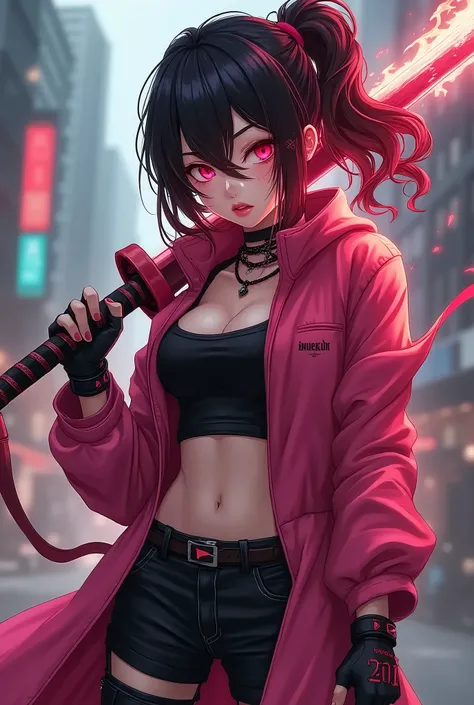 anime woman,       Anime style,         dark hair with red lights , ultra detailed hair,   , sharp eyes,      fingerless gloves     , beautiful,  blonde, sharp eyes,         scar on face      ,       cyberpunk sneakers         , long pink jacket           ...