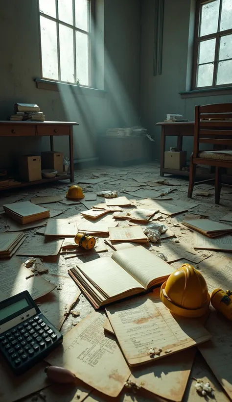 A room filled with financial documents, broken calculators, and ruined ledgers, showing the financial ruin and fraud behind the construction projects failure.