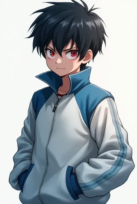 A s anime boy wearing white and blue jacket,in a bit anger mood ,his hands are in his pocket,has red eyes