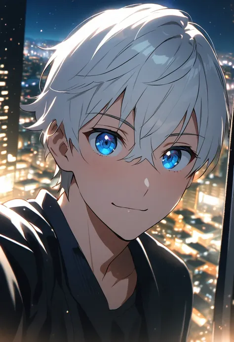 Anime of a pretty 20 year old boy with white hair and blue eyes, background city, selfie, night, background light, Brillo, tomándose foto a sí mismo