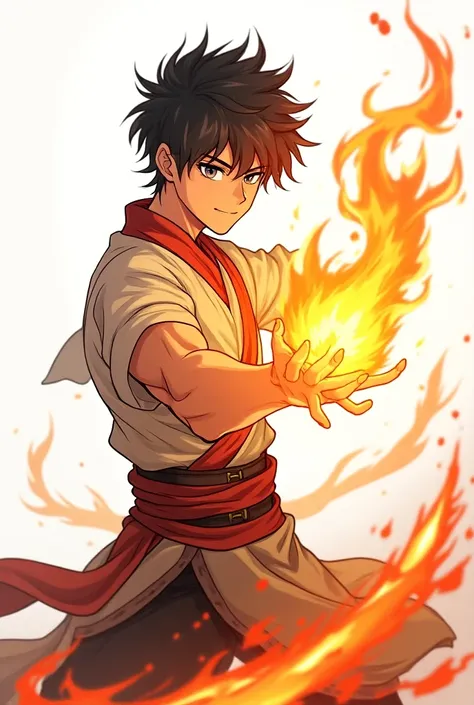 white BG, rpg game character illust, pyromancer, male character, upper body, male wizard character using fire magic, young man, amime style