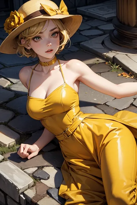 Character hd  [detailed], [Burton] Identity V, [woman,  short blond hair,  brown eyes], [ yellow dress ] [wearing a hat], [pale skin], Hurt fallen to the ground 