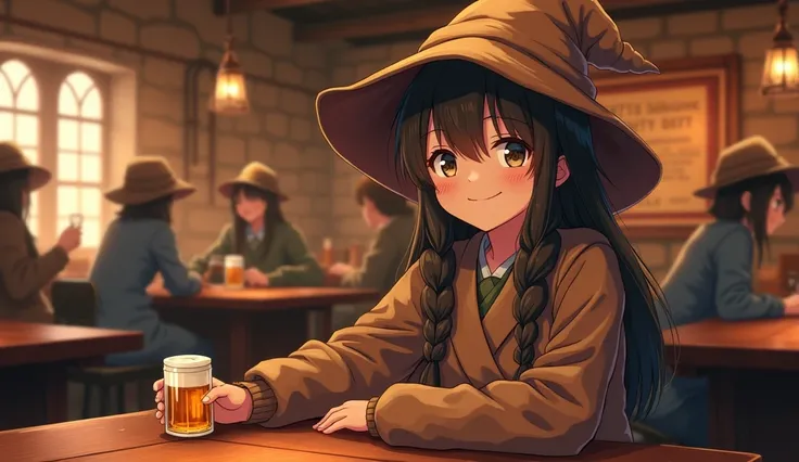 8k、High school girl、 mature、smile、brown rag robe、Three-cornered hat、 Medieval Europe、 alien world、Rag bar、Lively、indoor、Wooden table、Beer 、Warm colors of light、night、Anime 2D Style、Lo-Fi、LoFi、アニメ調Illustration、Illustration