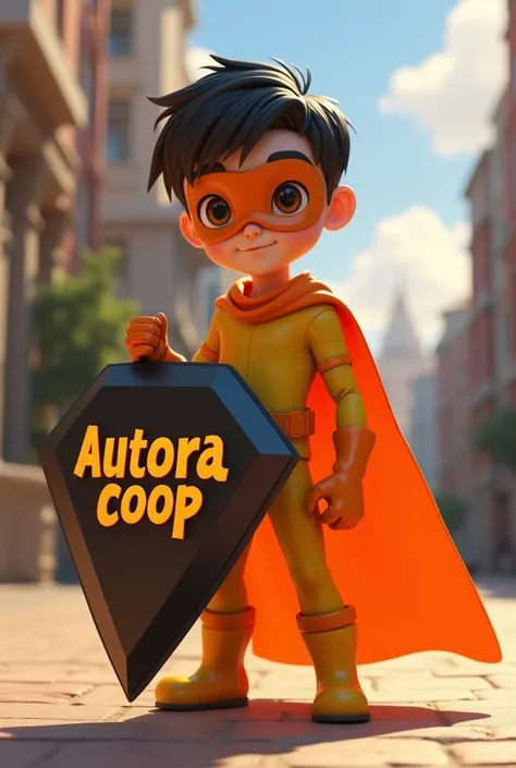  Create a male superhero character  (Young ) wearing an orange mask .,   black hair with an orange cape  , orange boots and gloves  ,  yellow mask and outfit holding a sharp Pixar-style shield in her hand on the shield written AURORA COOP in a movie settin...