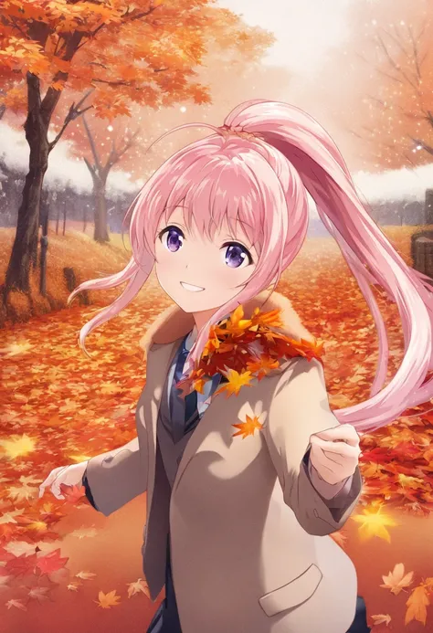 
masterpiece、 best quality、High res CG Unity 8K Wallpaper 、High school girl anime illustration。  1 girl、Alone、Nice hands、Perfect hands、 Pink Hair 、 long ponytail 、Autumn Clothes、  The landscape is filled with colorful orange autumn leaves., red, yellow. Th...