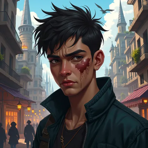 a young man, living in a city in a fantasy world and having an old burn scar under his left eye