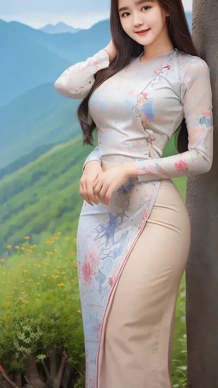 Burmese girl with attractive curvy full body.  Friends full-length bikini, (red ♥️ dress) reflective long dress painted with flower patterns, only dress. In the background, mountains of natural beauty, her smiling face hi gh hips  High resolution  High res...