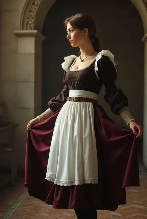 Realistic Medieval european teen girl wearing medieval european maid uniform, round sexy big ass and sexy breasts, extremely realistic, beautiful , full body pic  , masterpiece , 8k pic , pulling up her skirt high  to show her medeival panties , , panties ...