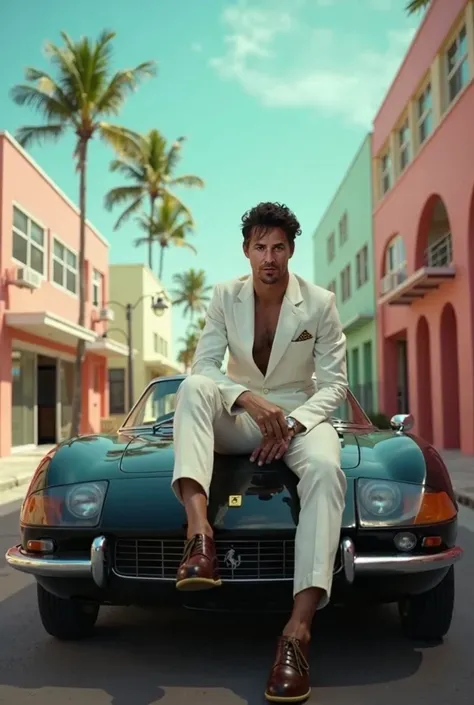 Foto realista,  homage to the  "Miami Vice " WITH "Sony Crockett " sitting on the hood of the  "Ferrari 365 gtb black cabrio", WITH un traje blanco Don Johnson de joven