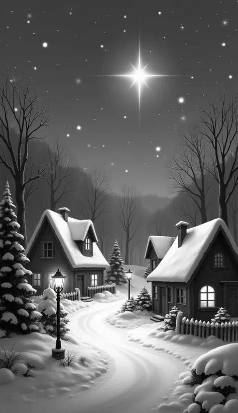 A small village scene with cozy houses, trees, and softly glowing street lamps, all in black and white. Snow piles up on rooftops and around houses, and a star sits quietly in the sky, symbolizing Christmas spirit.