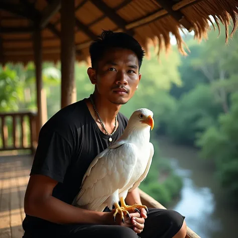  1Indonesian man . 30 years old. wearing black clothes. wearing a necklace.  Face facing the front .  In his hand was a white eagle.  Sitting on the porch of a hut . Small river view .  Tree view . Forest atmosphere . afternoon. Potrait photo .