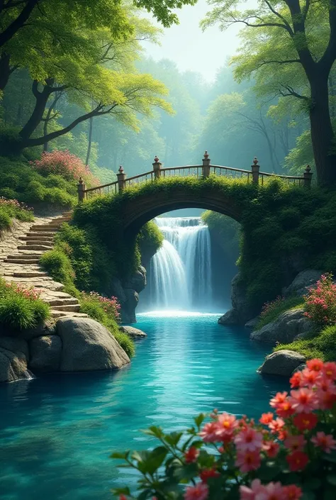 Create a picture with a focus on “water” A man should see a beautiful forest with flowers through which a river with a waterfall leads over the river should be an overgrown wooden bridge with a stone path on the side the whole forest should look cheerful a...