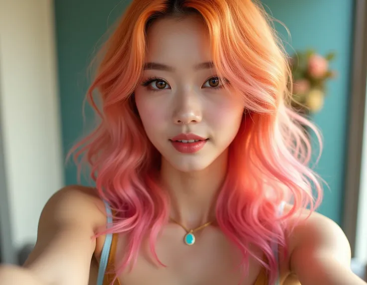 Woman, Fit thighs, Skinny, 20 Years old, Selfie, Long hair, Dress, Ginger hair, Pink hair, Multicolor hair, Korean