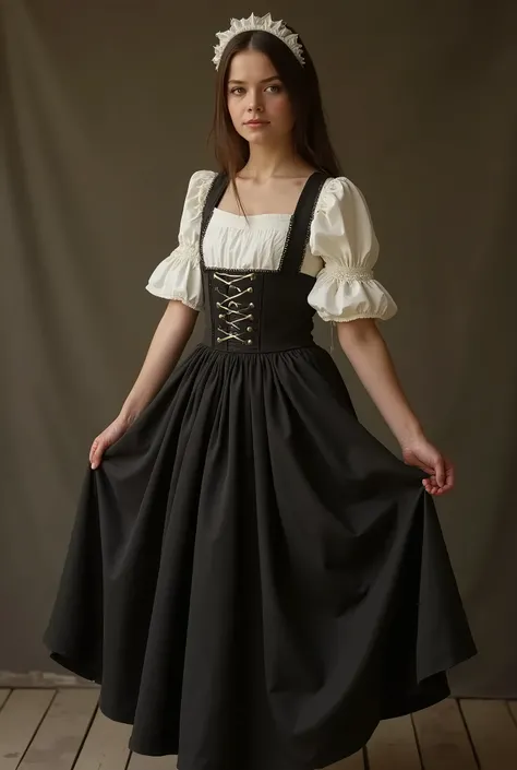 Realistic Medieval european teen girl wearing medieval european maid uniform, round sexy big ass and sexy breasts, extremely realistic, beautiful, full body pic, masterpiece, 8k pic, pulling up her skirt high to show her medieval panties, ass, panties show...