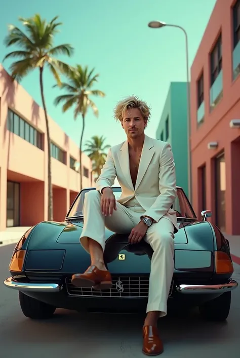 Foto realista,  homage to the  "Miami Vice " WITH "Sony Crockett " sitting on the hood of the  "Ferrari 365 gtb black cabrio", WITH un traje blanco Don Johnson de joven de pelo rubio