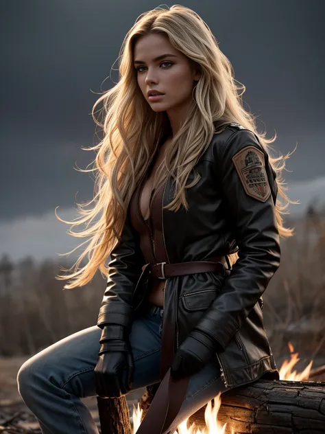 An ultra hot gorgeous European woman, age 23. She’s a playmate and men magazine supermodel. Long wavy blond hair, messy wind blown hair, Full body, sitting by a campfire, wearing brown leather coat, dark blue jeans, (extremely detailed 8k wallpaper), mood ...