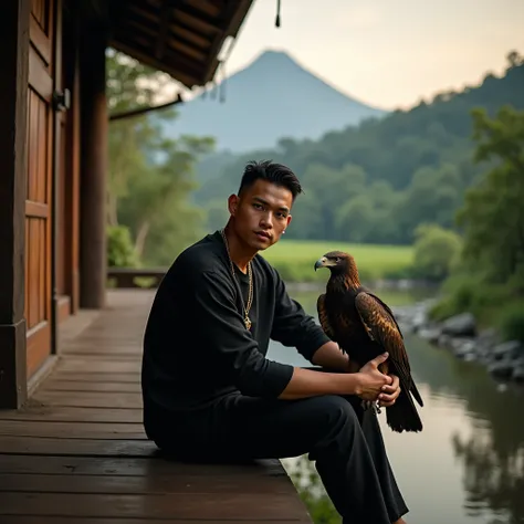 1Handsome Indonesian man . 25 years old. wearing black clothes. wearing a necklace.  Face facing the front .  In his left hand an eagle.  Sitting on the porch of a hut . Small river view .  Tree view .  In the distance looking at a mountain . Forest atmosp...