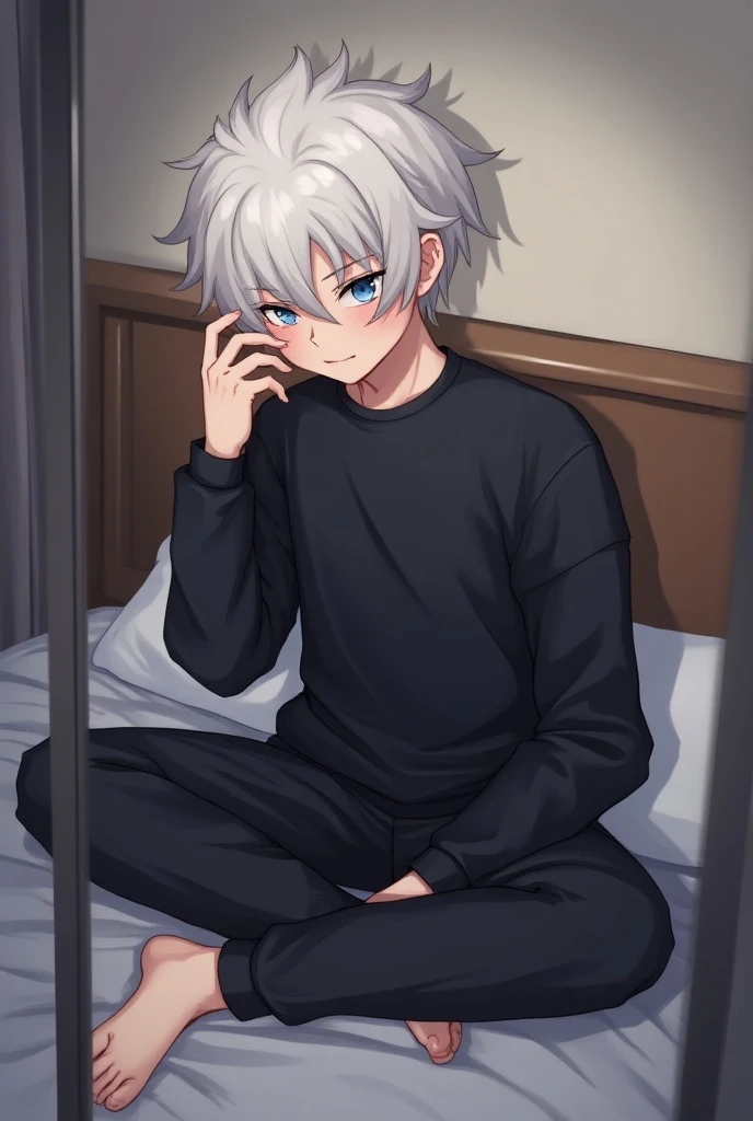 Photo, 1 male, Anime of a 20 year old boy with white hair and blue eyes, with black sweatshirt, Sitting on a bed,  showing legs, autophoto, facing a mirror, headboard in the background, tomándose una foto a sí mismo