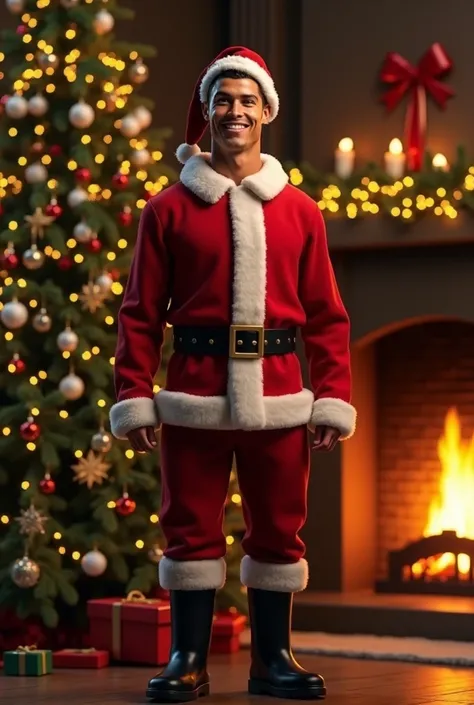  Cristiano Ronaldo dressed in the full Santa Claus costume ,  including the red coat , Black pants and boots,  with a shiny gold belt .  He is smiling and posing next to a lush Christmas tree ,  illuminated with bright lights and adorned with colorful ball...