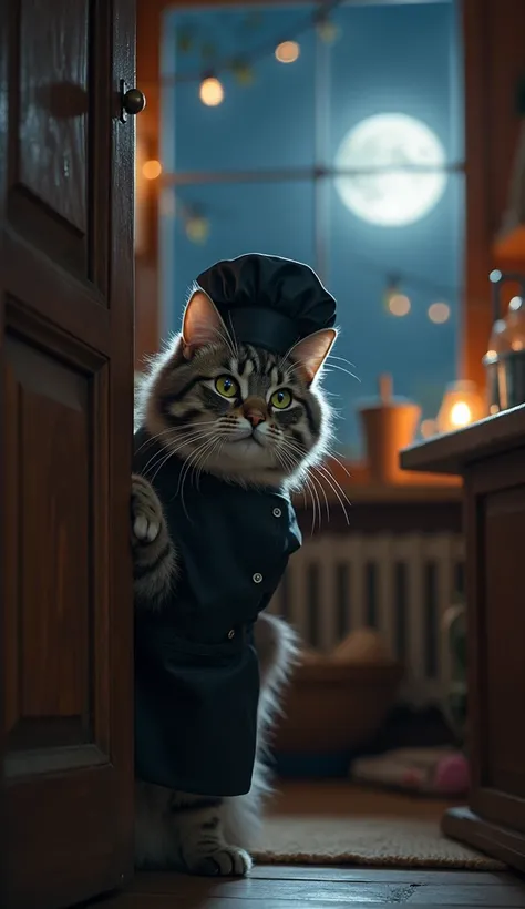 Inside a cozy kitchen at midnight, with moonlight streaming through the window. Whiskers, a gray tabby cat dressed in an adorable little chef’s outfit with a tiny black chef’s hat and apron, is wide awake and peeking through the doorway, sensing something ...