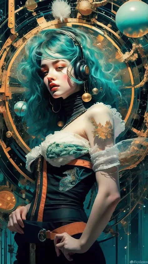 A highly detailed, surrealistic illustration of a young woman with vibrant turquoise hair and floral accessories. She has intricate tattoos and biomechanical elements embedded within her skin, blending nature and technology. Her attire combines organic sha...