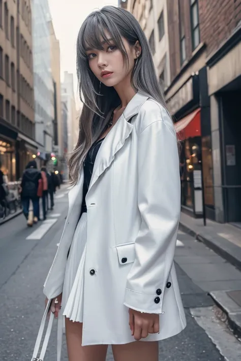 (highest resolution, clear_image) highest quality, a females masterpiece, very detailed, semi-realistic,(most of the body), (highest quality, masterpiece, Super realistic),Silver Hair,  long hair, Torn black bangs, open jacket, shadows on the eyes, long ha...