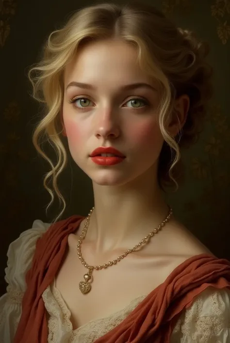 ((best quality, 4k, 8k, high resolution, masterpiece: 1.2), ultra-detailed, (realistic painting, photorealistic, photorealistic: 1.37), In the portrait of this charming nude Polish princess with full red lips and round face, wearing a single necklace made ...