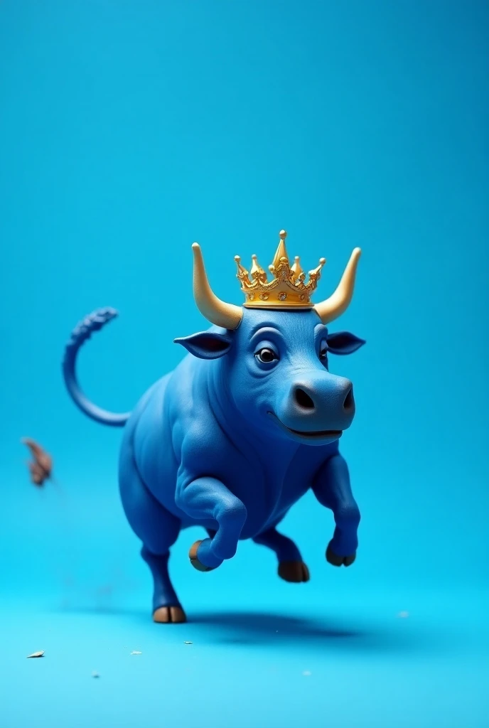 A small blue muscular funny bull with a crown on its head running on a blue background