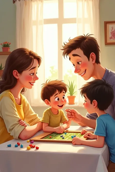   playing a board game with mom and dad, watercolor pixar  