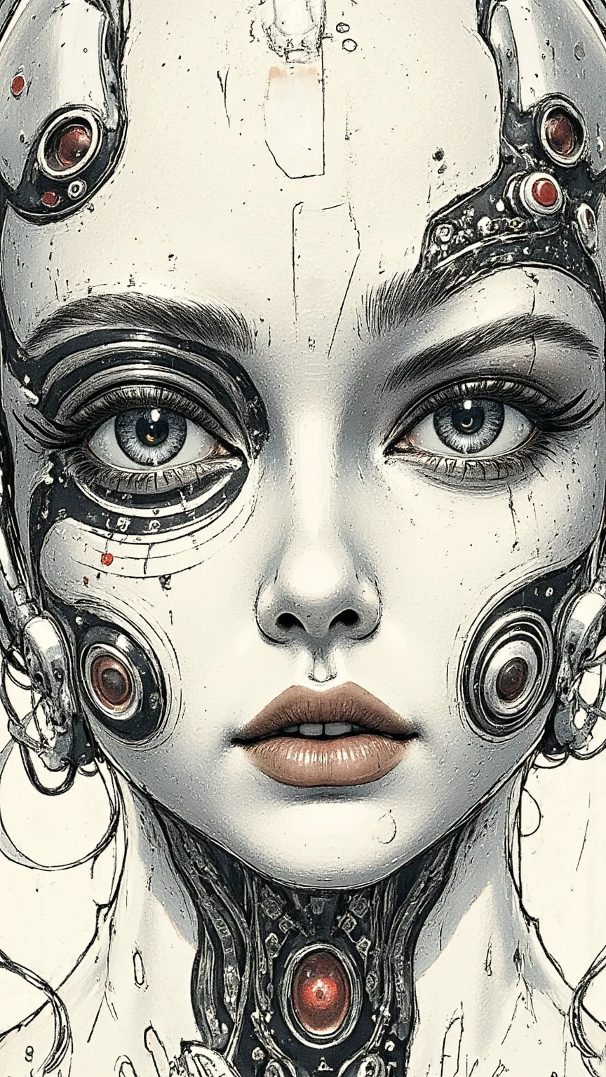 ((best quality)), ((masterpiece)), (detailed), perfect face of cyberpunk mecha japanese girl, surreal, art nouveau, in the illus...