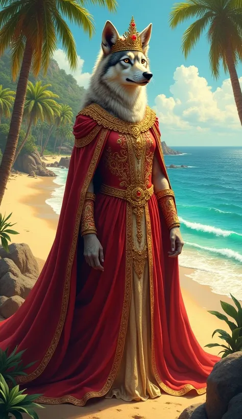  Create an image of a man-looking wolf , dressed like a queen.  She wears a long and majestic dress ,  in shades of red and gold ,  with fine embroidery and details that refer to the Bahian culture . Over your head,  rests a gold crown with precious stones...