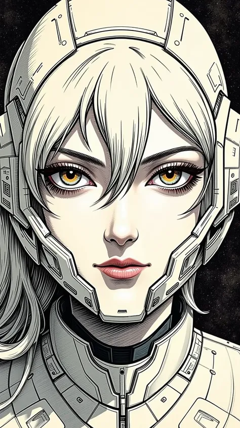 ((best quality)), ((masterpiece)), (detailed), perfect face of cyberpunk mecha japanese girl, surreal, art nouveau, in the illustrative style of moebius, spaceships, aliens, fantasy, sci-fi, graphic novel, line drawing, french retro,
