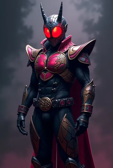 Kamen Rider Discord with armor the same as the color of the Discord with two horns on each side different the same as the Discord  (my little pony)  and her mark on the driver belt with a long cover on the back demonstrating the dog element in Kamen Riders...