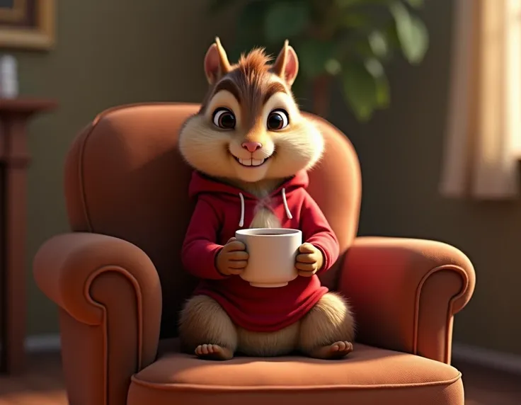 Alvin from the Chipmunks movie, drinking coffee, Sitting on the chair 4k