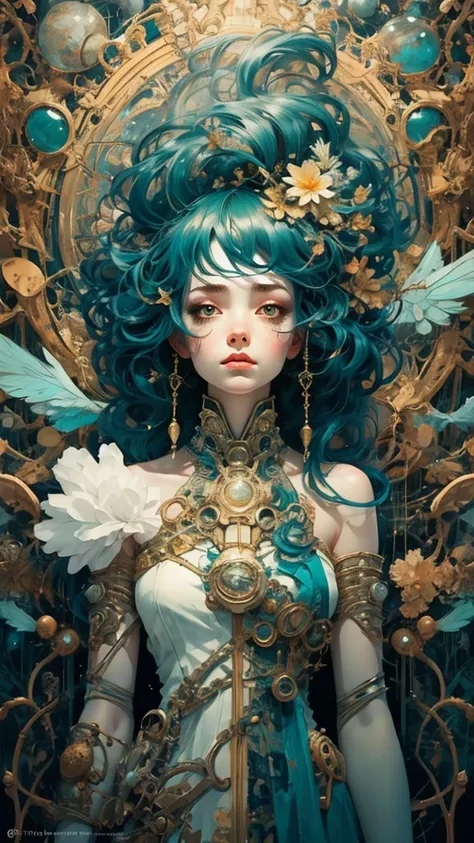 A highly detailed, surrealistic illustration of a young woman with vibrant turquoise hair and floral accessories. She has intricate tattoos and biomechanical elements embedded within her skin, blending nature and technology. Her attire combines organic sha...