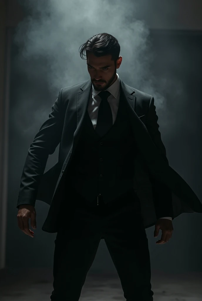 HERO WEARING BLACK SUIT - BLACK HAIR - WITH GOATEE - CONTROLLING SHADOWS - POWERFUL