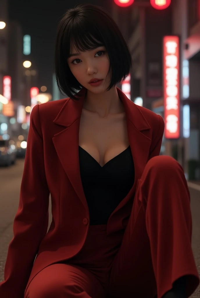 A twenty year old Korean woman with black short hair . She sits on the street at night and poses confidently and a bit sexy.  She has a red and black outfit that is a bit short but not too short.