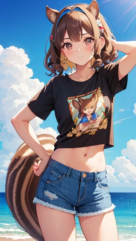 Brown Hair,  Curly Hair,  headband, Squirrel Ears, Little squirrel tail, Art Deco, Sparkle, Symmetric, throw,  anatomically correct,  Wrinkled Skin ,   high detail , Best Quality, Super detailed, (( print t-shirt)), Hawaii, Waikiki Beach, Blue Sky, Denim s...