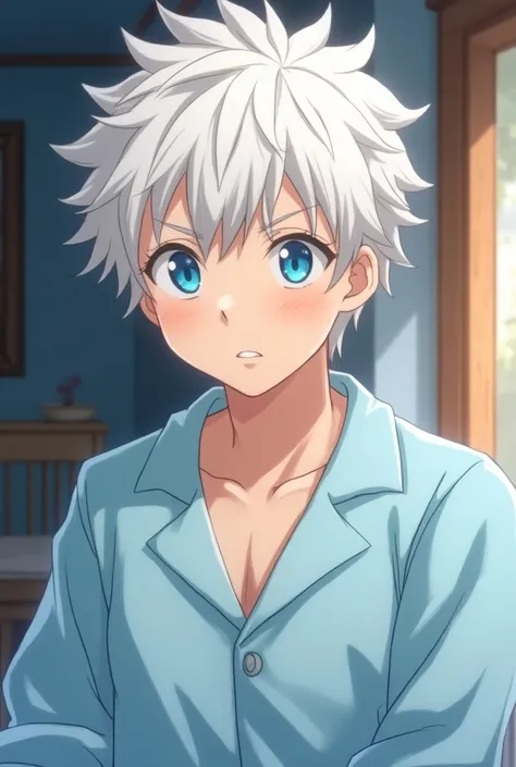  Anime background light of a 20-year-old boy with white hair and blue eyes,  taking a picture of himself, wearing light blue pajamas , with messy hair